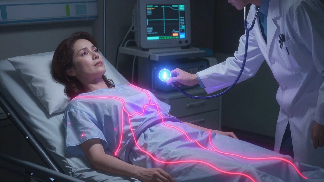 An elderly woman on a hospital gurney surrounded by swirling energy lines representing heart rhythm danger.