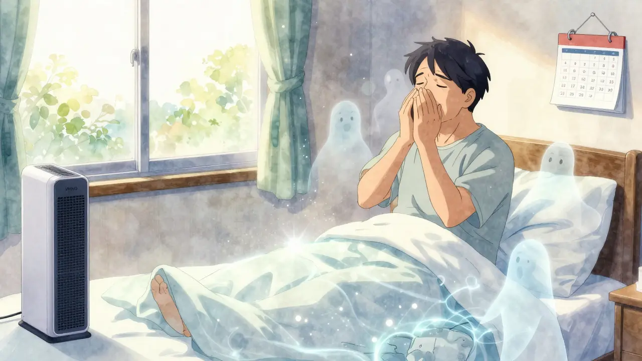 An older adult breathing peacefully in a sunlit room with a HEPA filter and allergen-proof bedding.