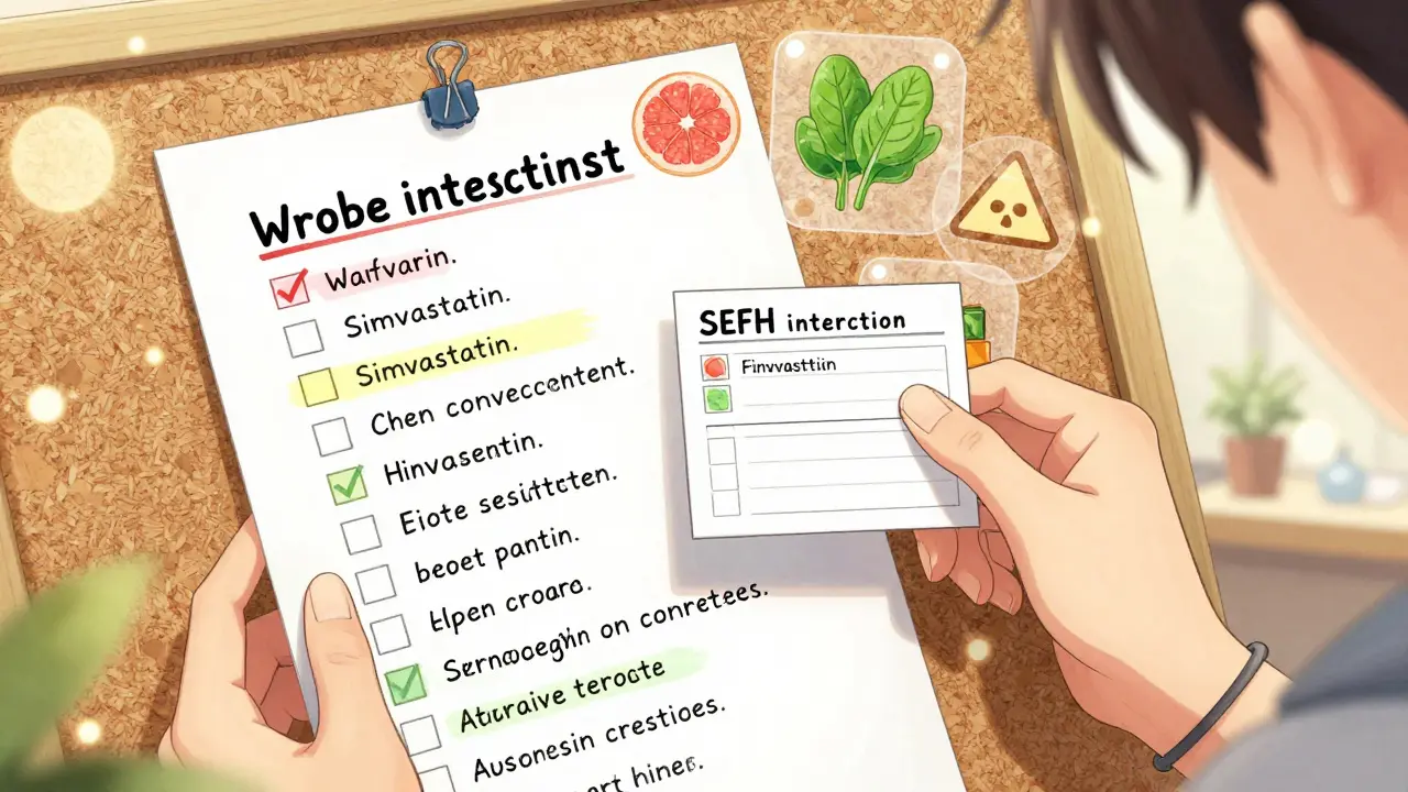 Close-up of a color-coded paper checklist for warfarin and statins, with interaction icons floating nearby.