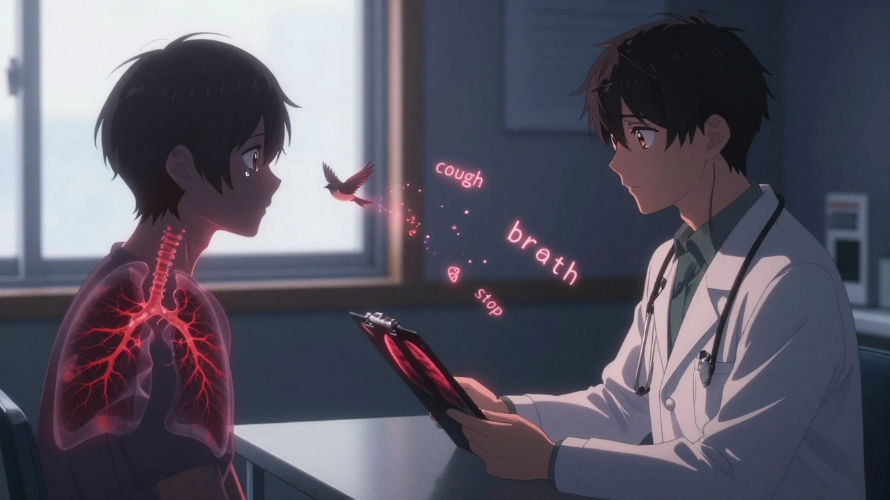 Doctor and patient at clinic, lung scan glowing red with fibrosis, tear turns into a flying bird.