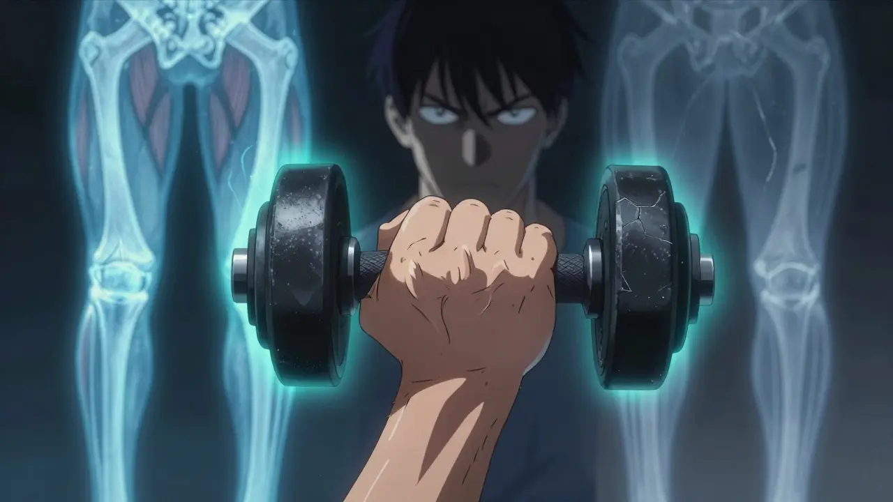 Hand gripping ankle weight with glowing muscle activation overlay and healthy joint contrast.