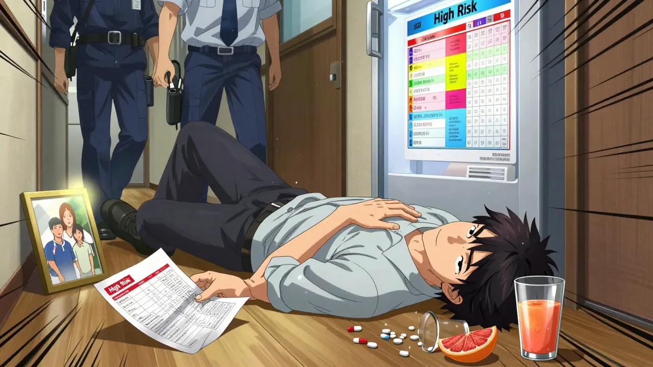 Man collapsing in hallway, clutching chest, holding a checklist as paramedics arrive, grapefruit juice spilled nearby.