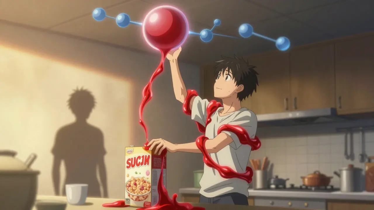 Man reaching for cereal, but triglyceride chains spill out and block his path.