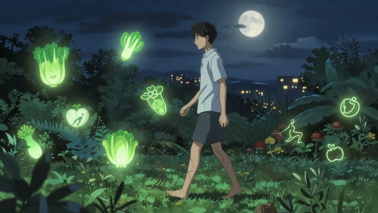 Man walking in a garden, glowing healthy foods and symbols pulling away abdominal fat.