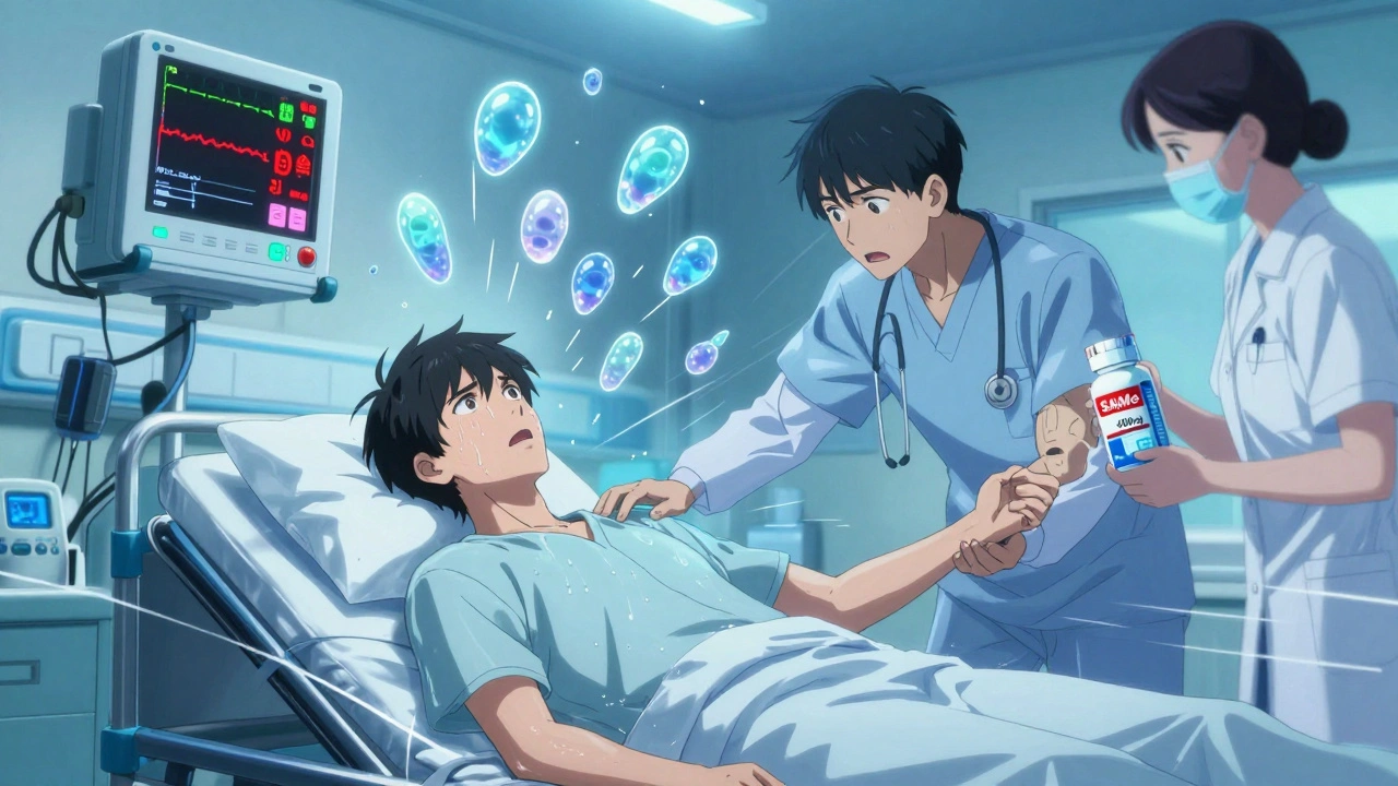 Patient in ER with monitors alarming, doctor checking muscle rigidity, SAMe bottle visible, glowing serotonin storm around him.