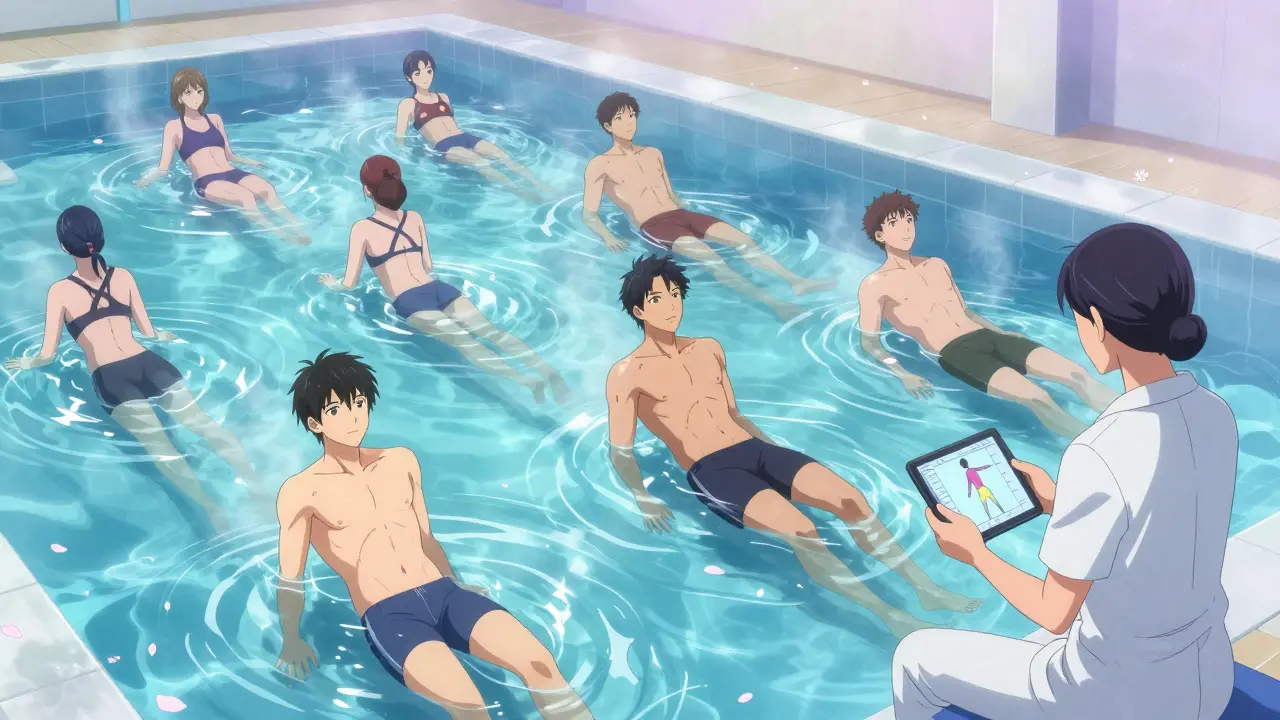 Patients exercising in a warm aquatic pool with steam and floating petals under dawn light.