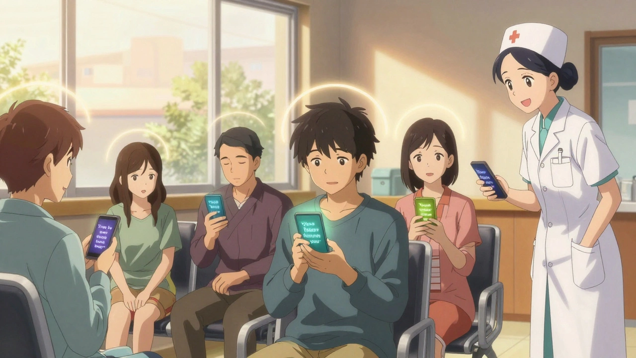 Patients in a clinic receive text reminders, each with gentle expressions of hope and relief.