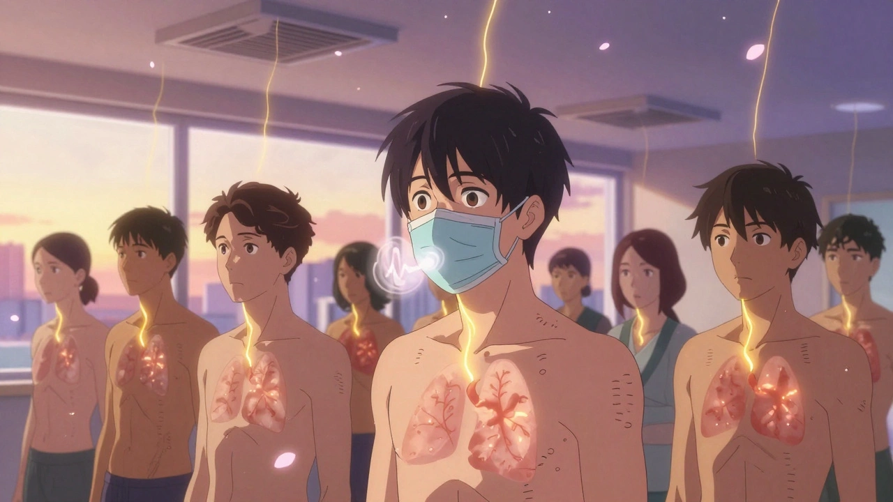 Patients in rehab breathing golden oxygen threads, cherry blossoms drifting, glowing scars on their chests.