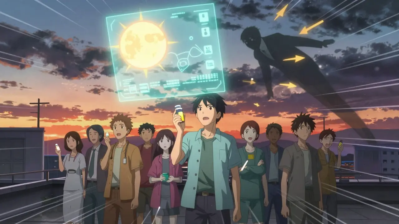 Patients on a rooftop under a rising sun hologram, with shadowy figures fading as golden arrows guide toward affordable drugs.