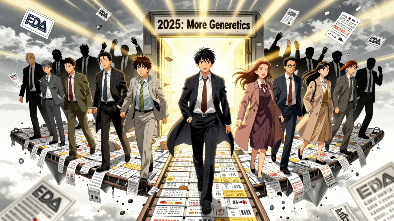 Patients walk toward a glowing gateway labeled '2025: More Generics' as corporate price tags crumble behind them.