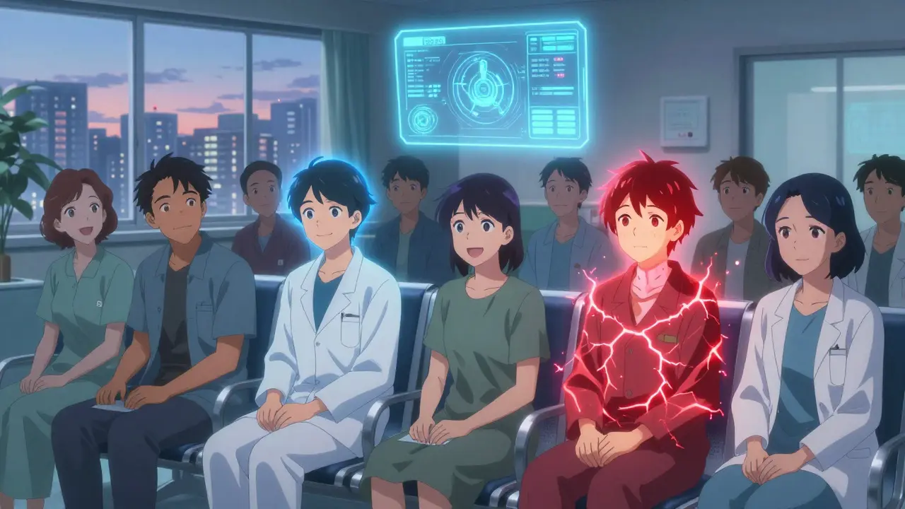 Patients with glowing auras show different drug responses as an AI interface monitors them.