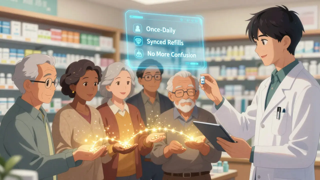 Seniors hold single pills as golden light connects them, with AI icons floating above in a pharmacy.