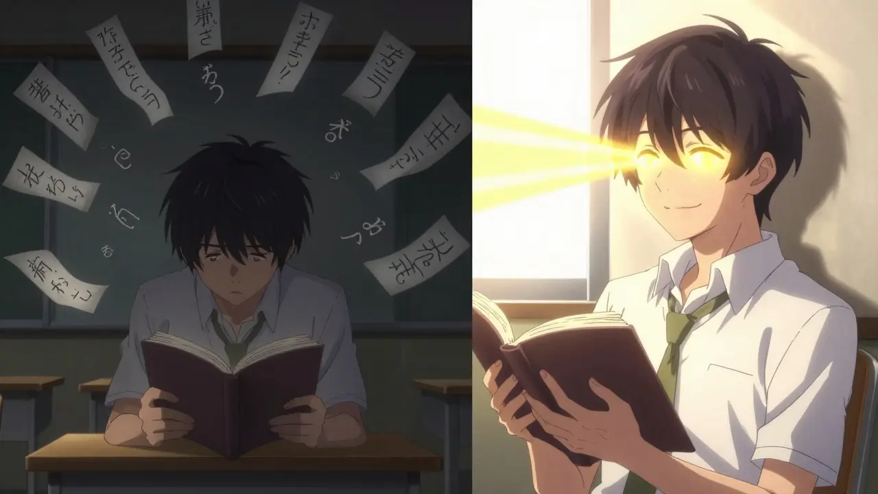 Split image: a frustrated reader vs. the same person reading happily after therapy.