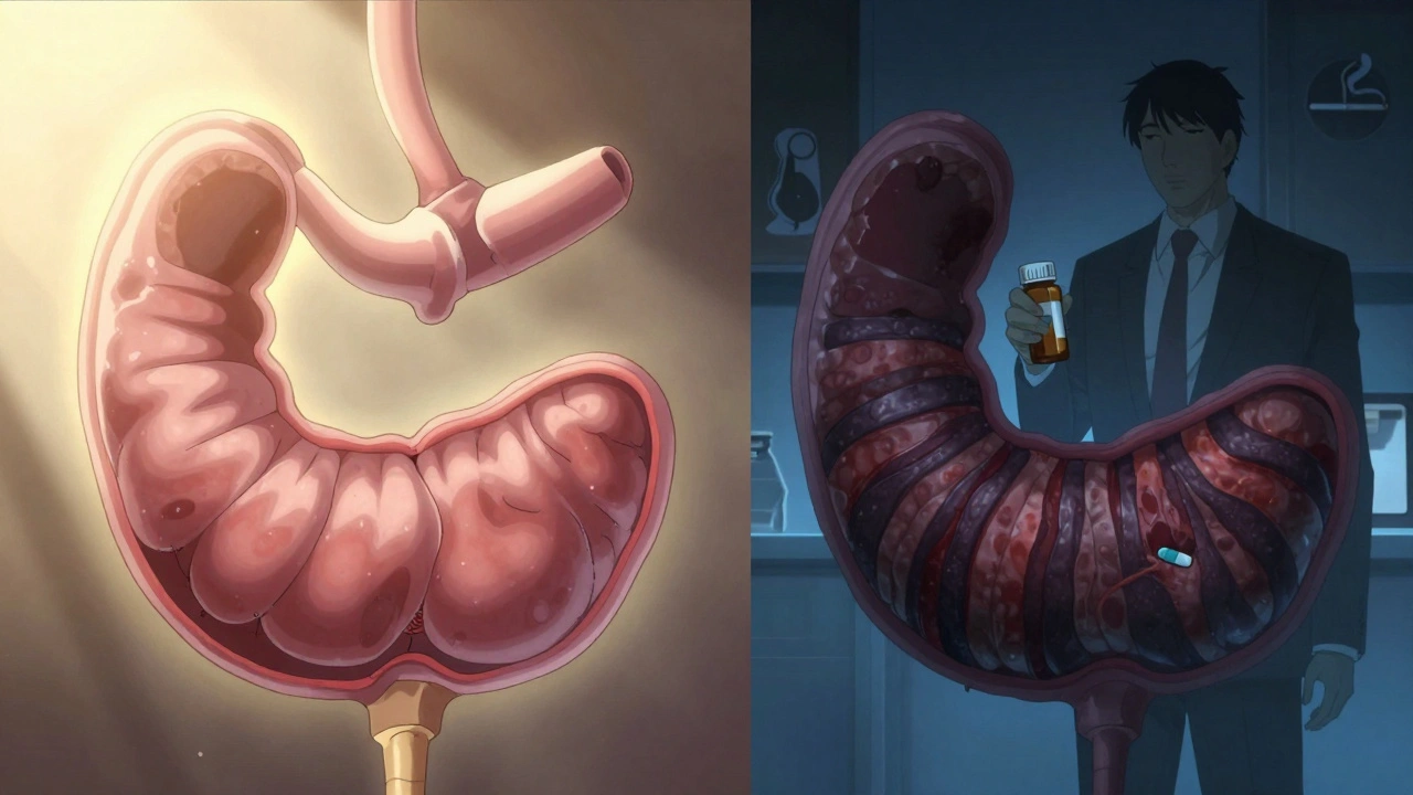 Split image: healthy esophagus glowing gold vs. diseased tissue in cold blue, with symbols of obesity and smoking in background.