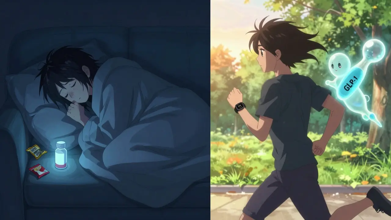 Split image: one side shows despair with snack wrappers, the other shows hope with sunrise jogging.