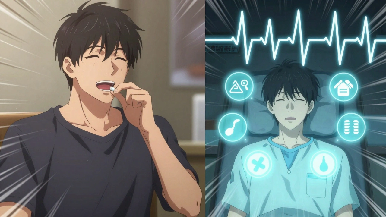 Split scene: healthy patient vs. high-risk patient with digital risk icons and a fractured ECG line.