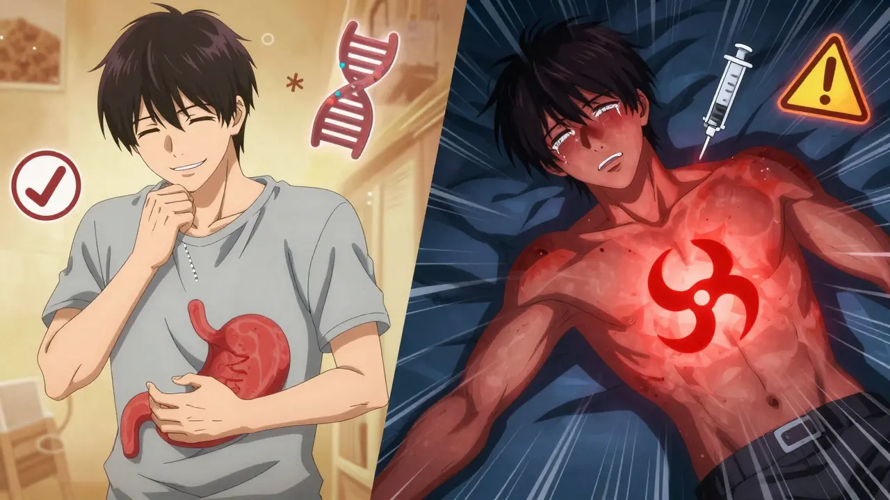 Split scene: mild nausea fades on one side, severe allergic reaction erupts on the other.