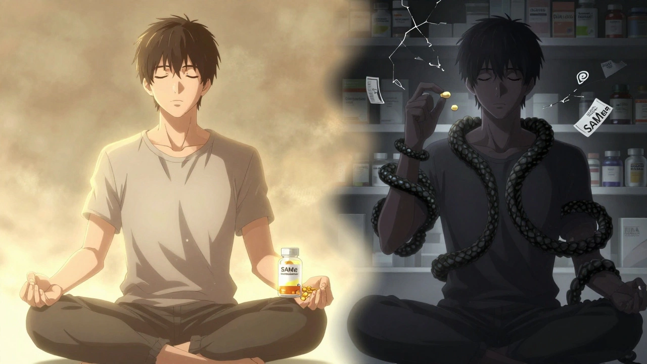 Split scene: peaceful wellness vs. dangerous supplement use, golden light vs. dark serpentine serotonin vines.