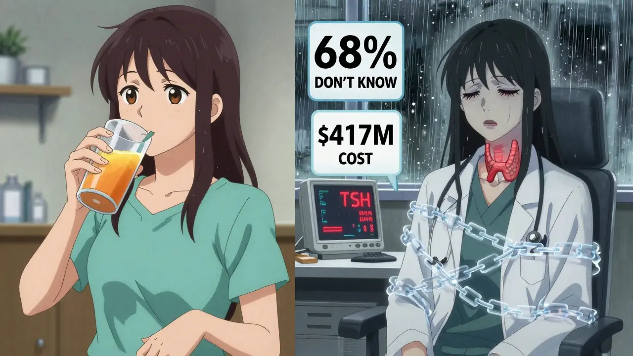 Split scene: woman drinking juice with pills vs same woman exhausted in doctor’s office with high TSH levels on monitor.