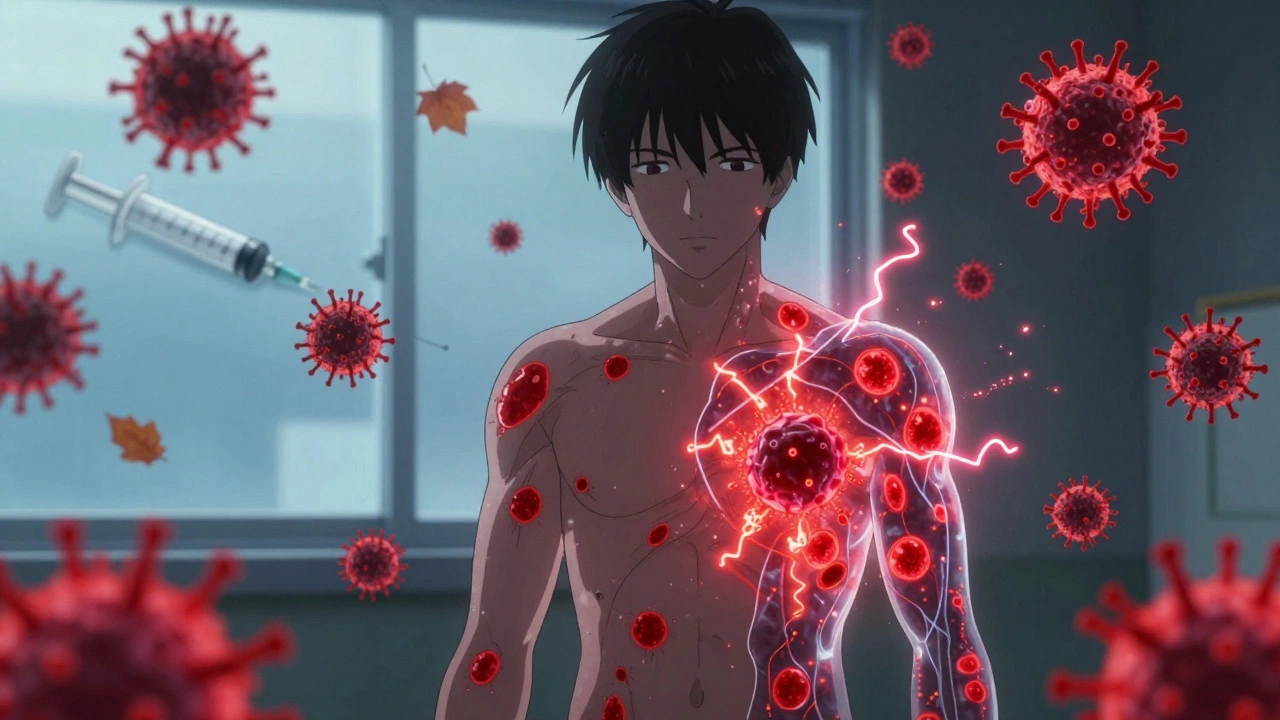 Teen with spreading psoriasis plaques, surrounded by glowing bacteria and immune signals in hospital setting.