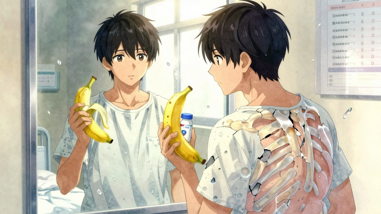 Teenage boy&#039;s split reflection: healthy vs. bloated with crumbling bones, holding banana and supplement.