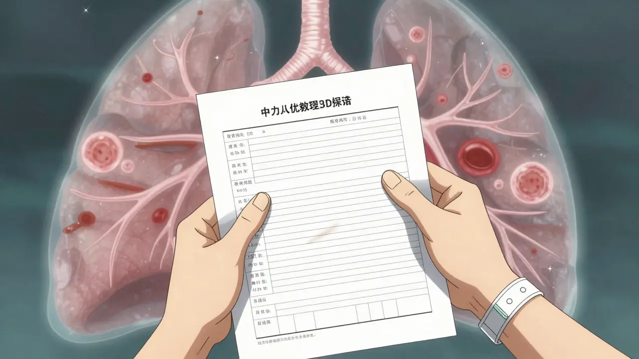 Two hands holding a test result as spectral lung and blood vessel layers float around them.