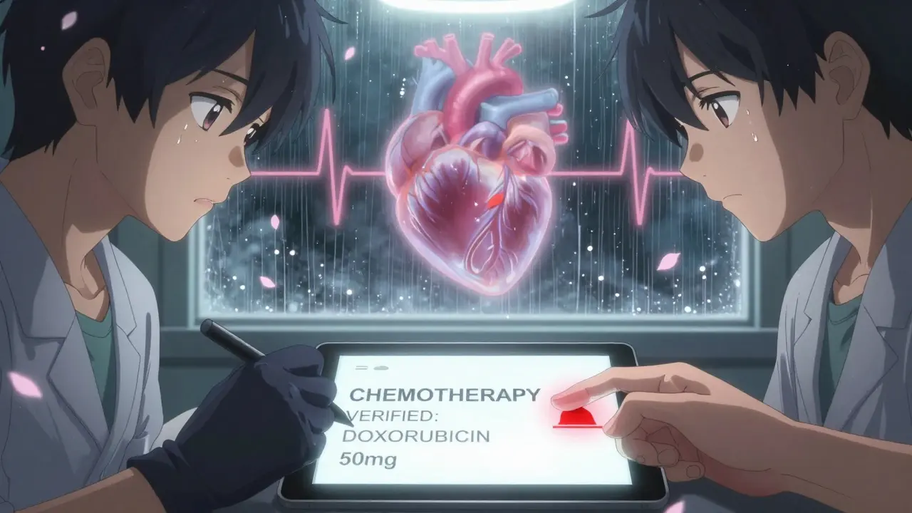 Two hands sign off on chemotherapy verification, a ghostly heart fades behind them.