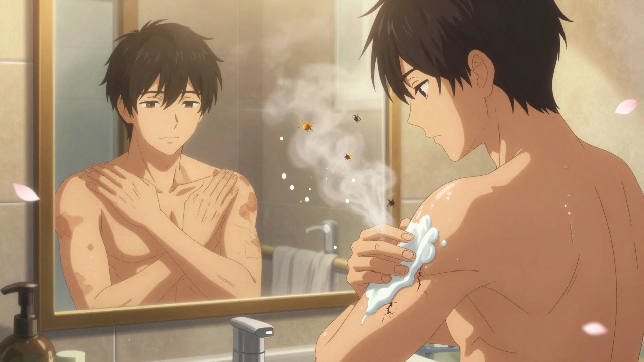 Young man applying moisturizer as healing lipid particles repair his skin in a warm, steamy bathroom.