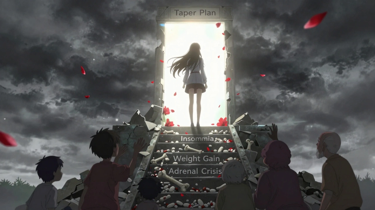 Young woman climbing a staircase of pills and bones toward a tapering portal, petals floating upward.