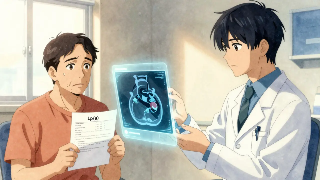 A doctor and diabetic patient view a glowing heart scan, one side warm, the other cold, aspirin tablet between them.