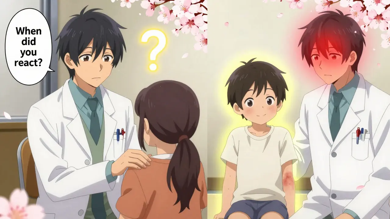 A doctor and patient in a clinic, with a memory flashback of a childhood rash and soft yellow light replacing a red alert.