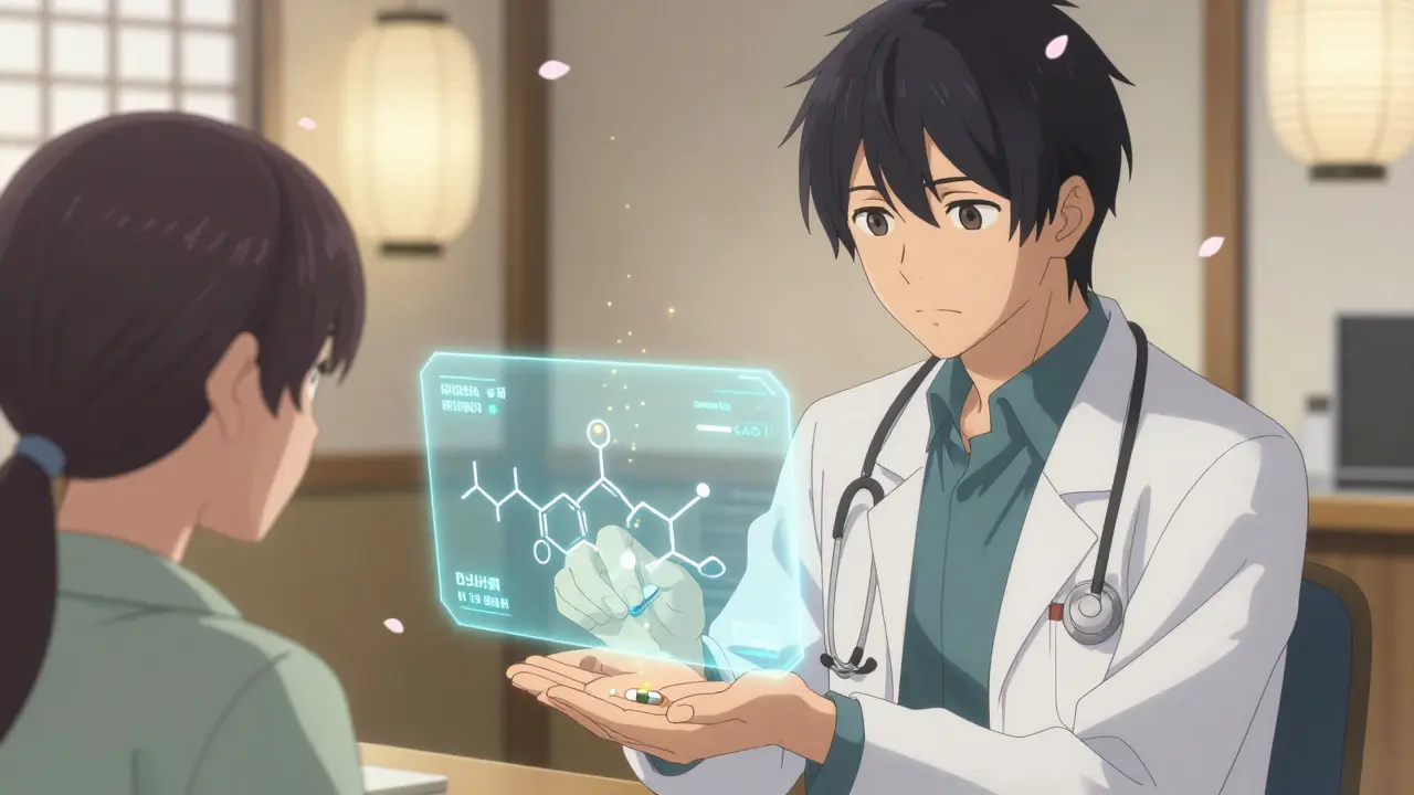 A doctor places a generic pill in a patient’s hand as a hologram shows both drugs have identical chemical structures.