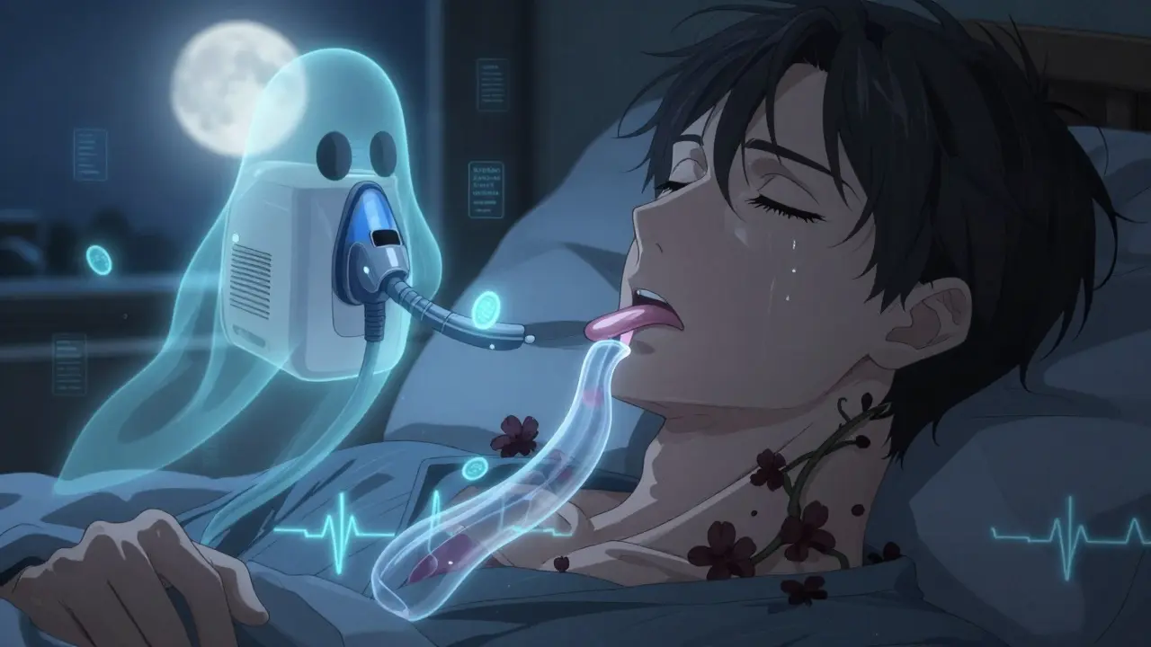 A man sleeping as dark vines choke his airway, with a glowing CPAP machine pushing back darkness and floating health symbols around him.