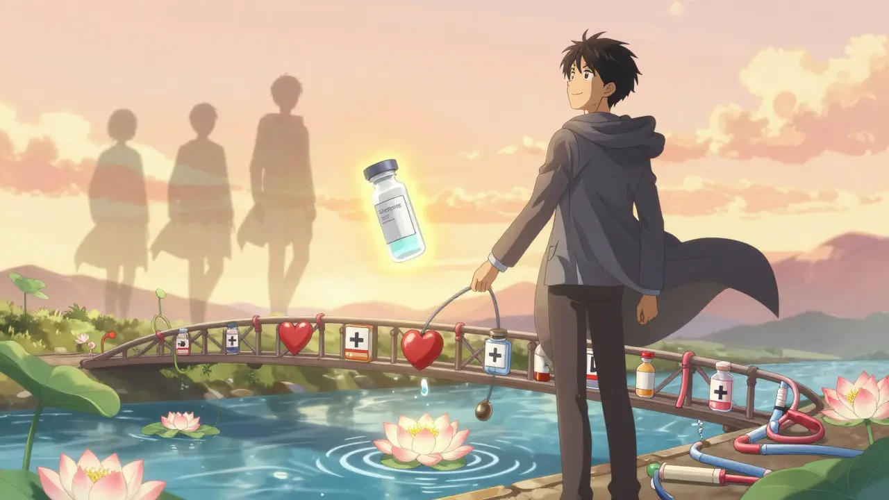 A man standing on a medical symbol bridge, dropping weight into a river that blooms into lotus flowers, with Inspire and Ozempic glowing nearby.