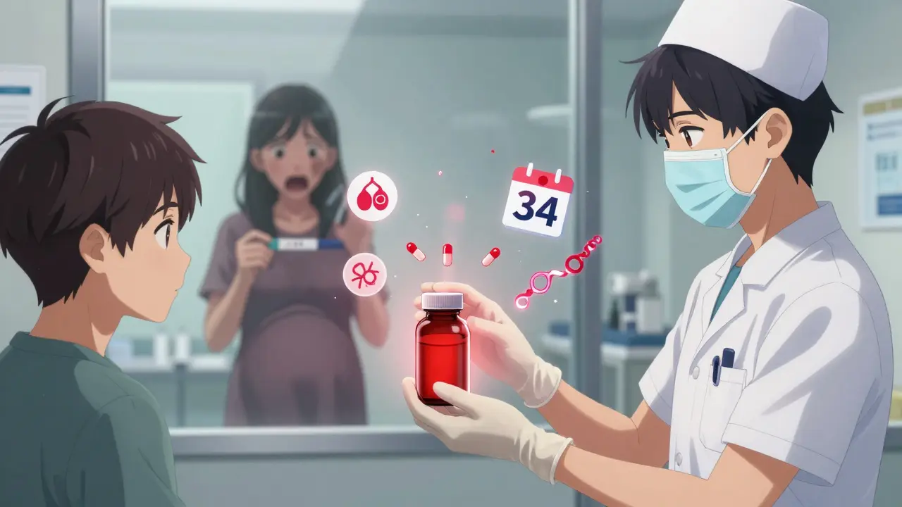 A nurse hands thalidomide capsules with gloves while a pregnant woman watches in horror, red symbols floating around the pill bottle.