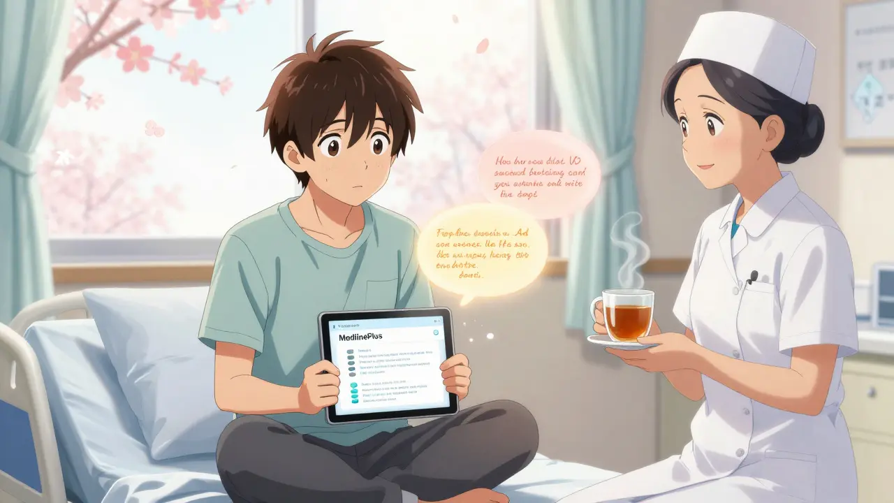 A patient learning about medication with MedlinePlus on a tablet, supported by a kind nurse.