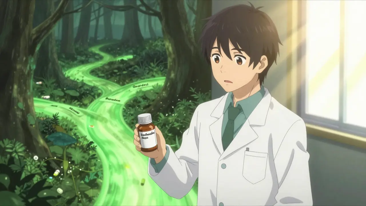 A pharmacist handing Allegra to a patient, with a glowing safe path contrasting dark dangerous pills.