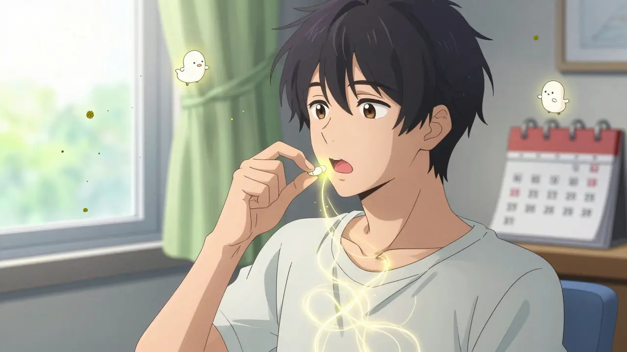 A teen taking a sublingual tablet as dust mite spirits float nearby, golden threads of immune reprogramming visible.