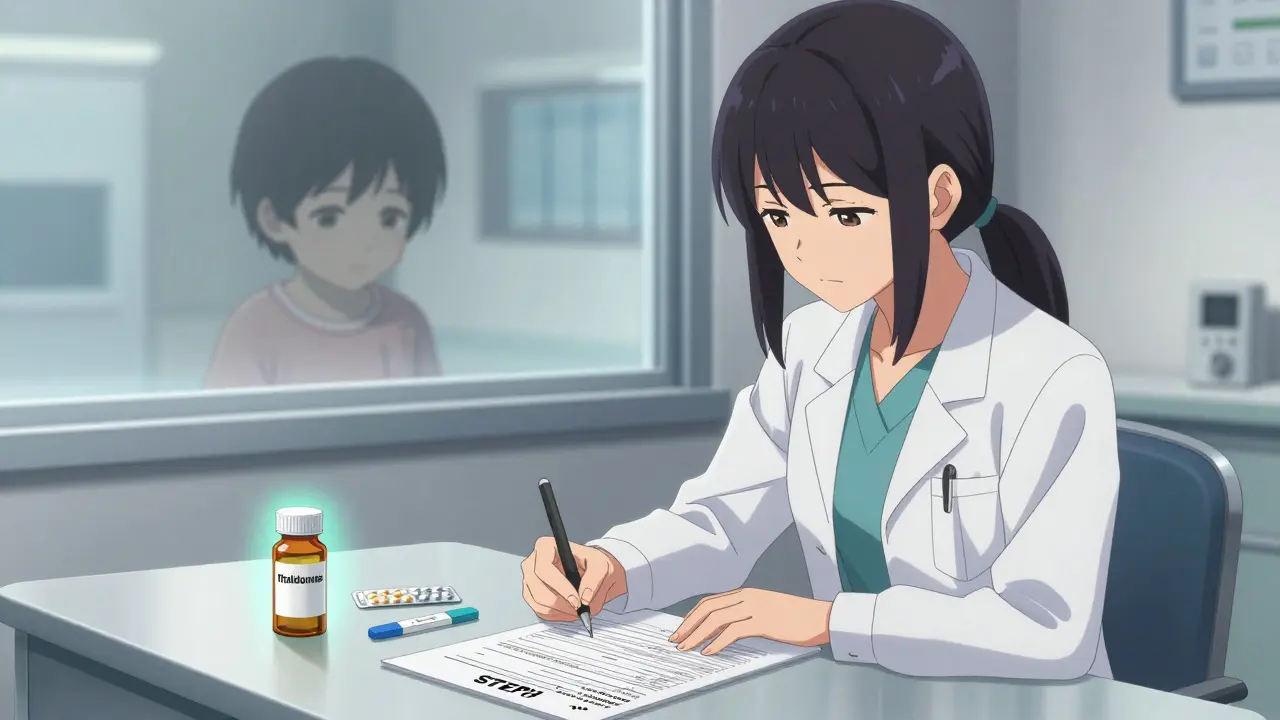 A woman signing a safety consent form for thalidomide, her reflection showing a ghostly child with limb differences.