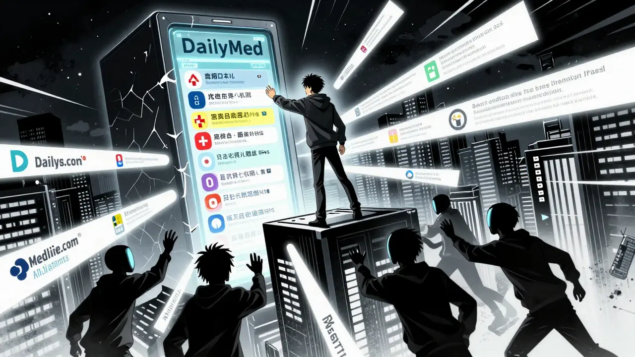 A young person reaching for a trusted drug information server amid misleading digital threats.