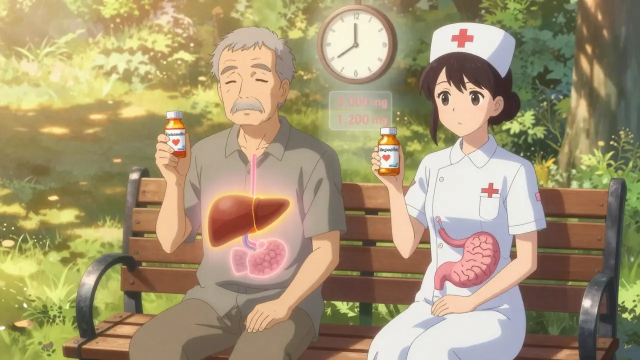 An elderly man and young nurse on a bench, each with their preferred pain reliever, surrounded by internal body overlays.