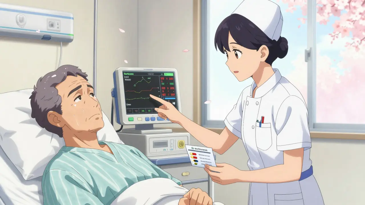 An elderly patient in ICU looks relieved as a nurse points to lab results and a printed card listing their generic medications.