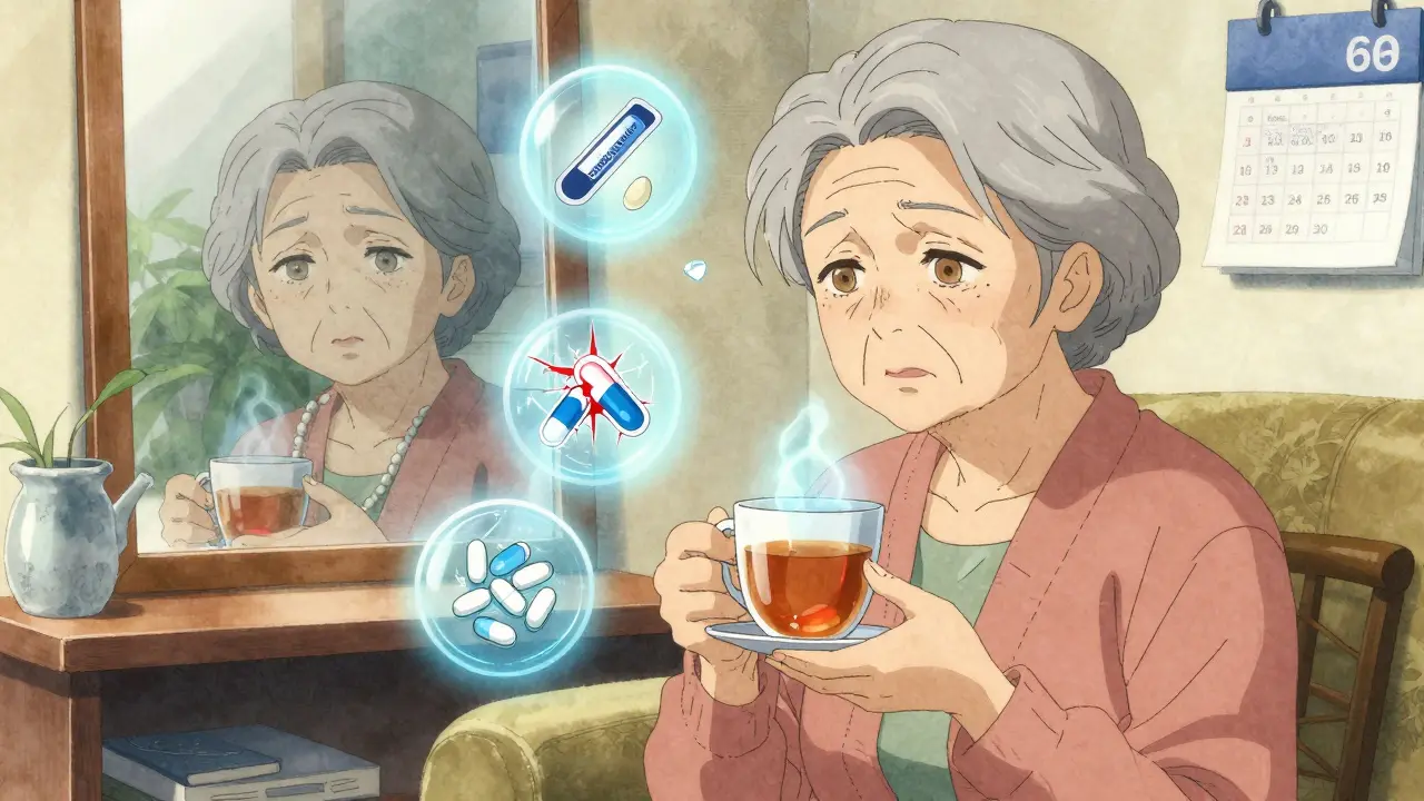 An elderly woman surrounded by floating medication icons, her reflection showing confusion and aging.