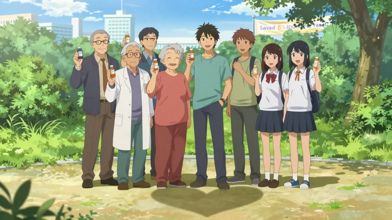 Diverse patients smiling in park holding generic medication bottles.