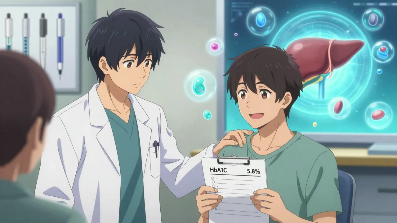 Doctor comforting patient with lab report showing improved HbA1c, fading meds and glowing organs in background.