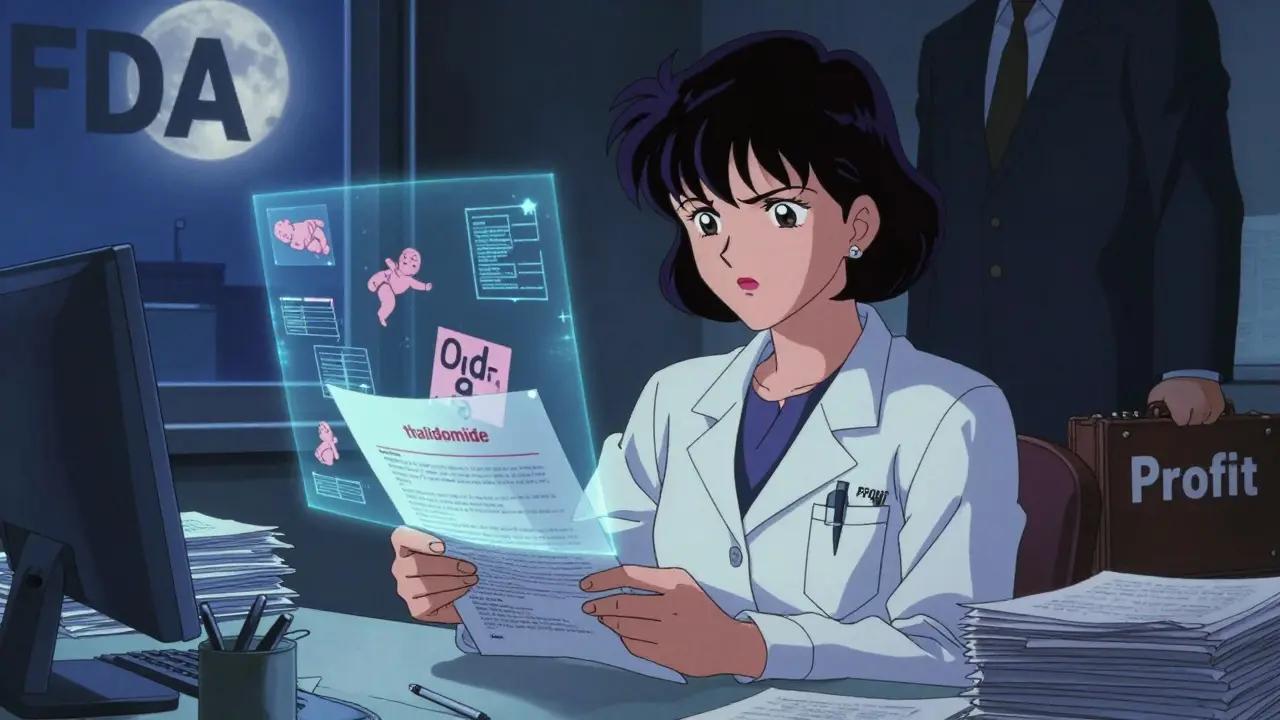 Dr. Frances Kelsey at her desk, rejecting thalidomide approval as shadowy corporate figures loom behind her.