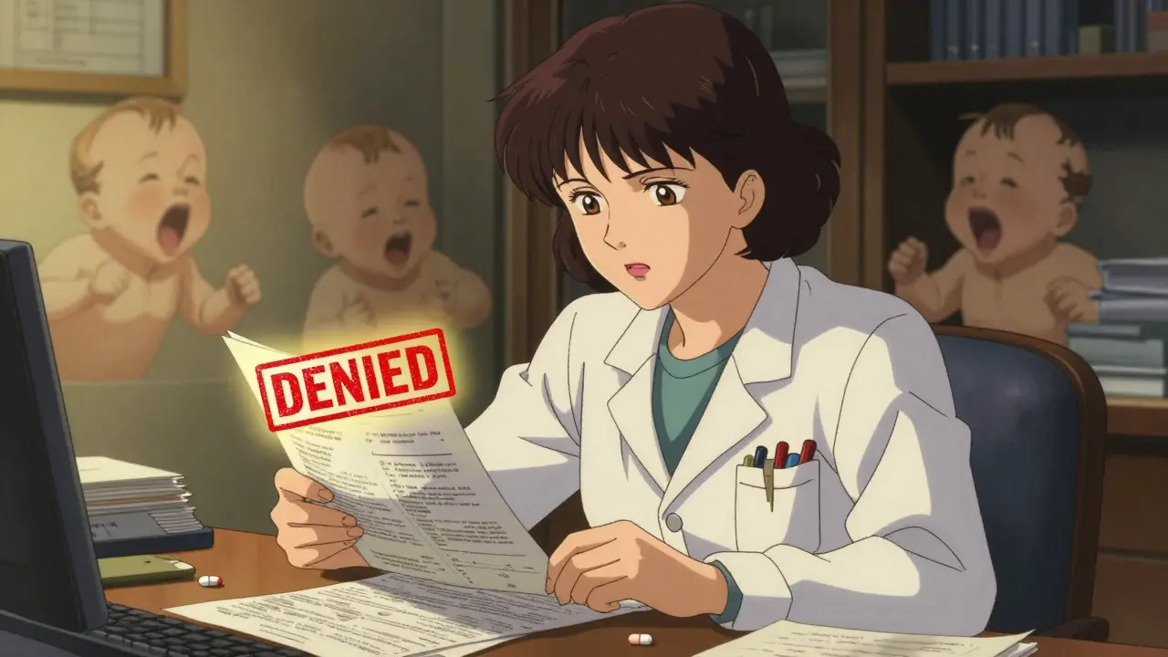 Dr. Frances Kelsey sits at her desk, determined, with a 'DENIED' stamp glowing above incomplete drug files.