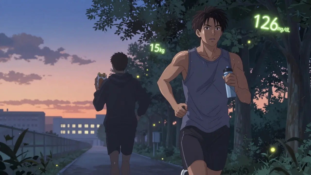 Man jogging at dawn, shadow of his former self behind him, floating numbers symbolizing weight loss and glucose control.
