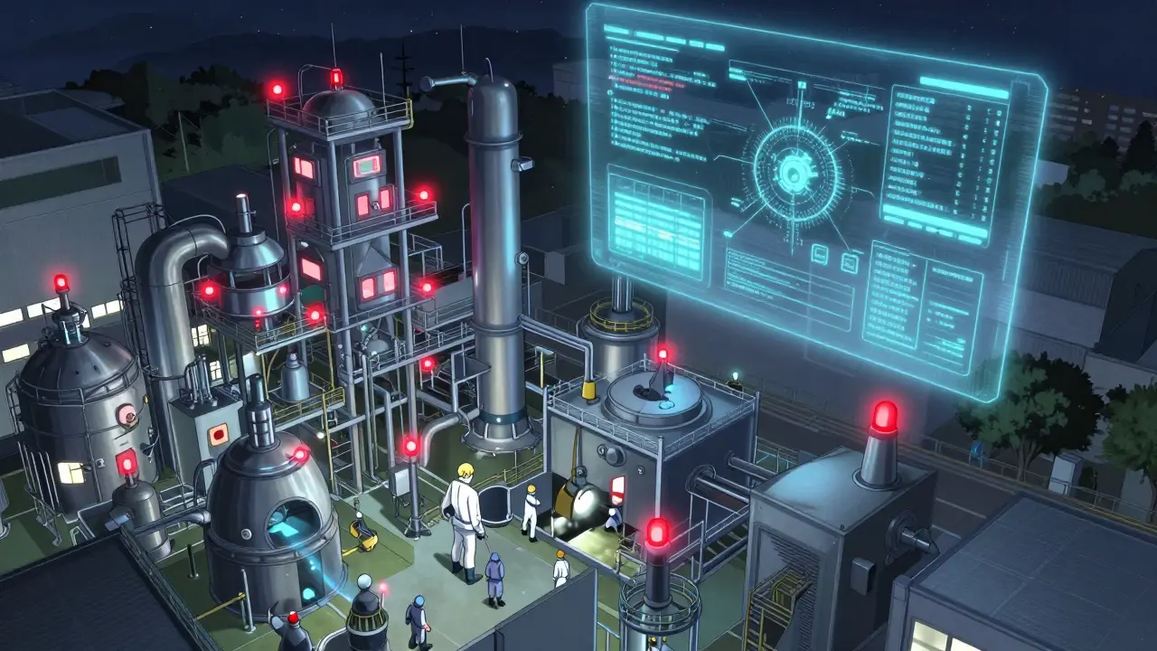 Massive factory at night with workers cleaning machinery under glowing AI alerts.