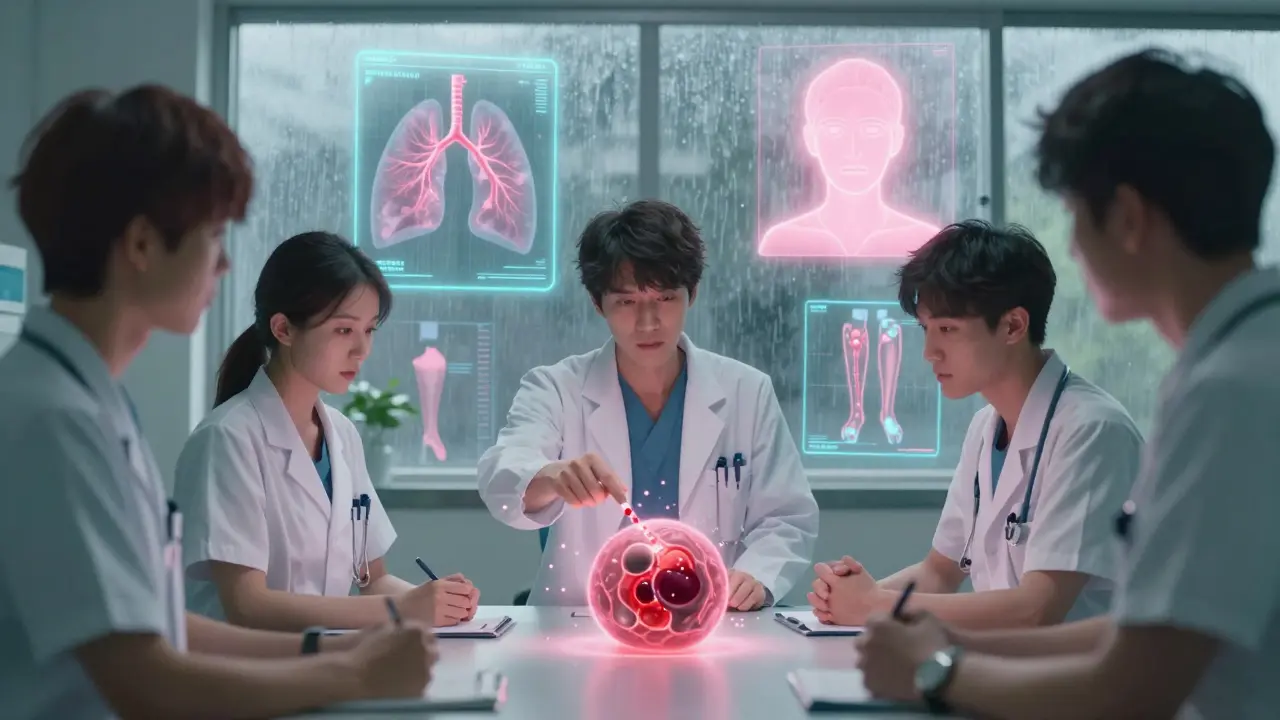 Medical team analyzing holographic lung scans during a pulmonary embolism response meeting.